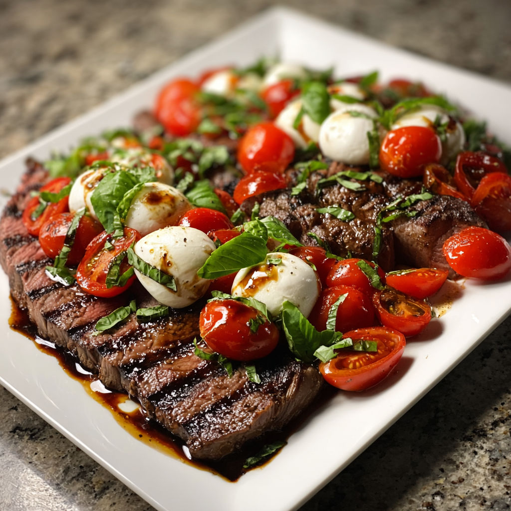 A plate of meat and tomatoes with mozzarella cheese on top, possibly a beef and tomato dish.