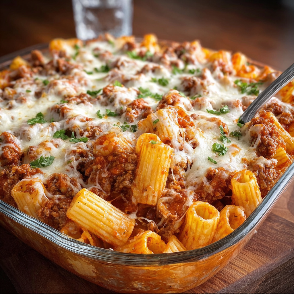 A delicious Cheesy Beef Rigatoni Bake is ready to be served.