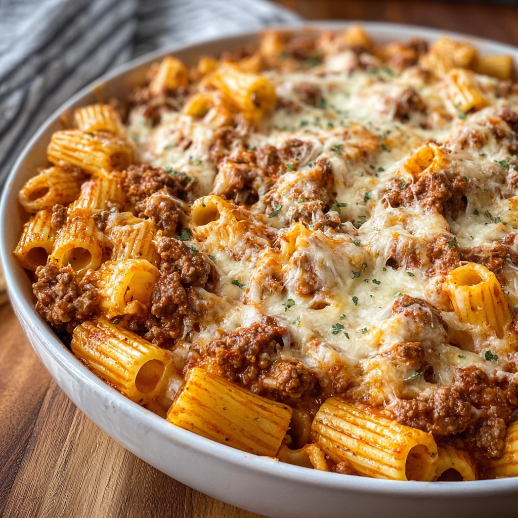 A delicious cheesy beef rigatoni bake is served in a white bowl.