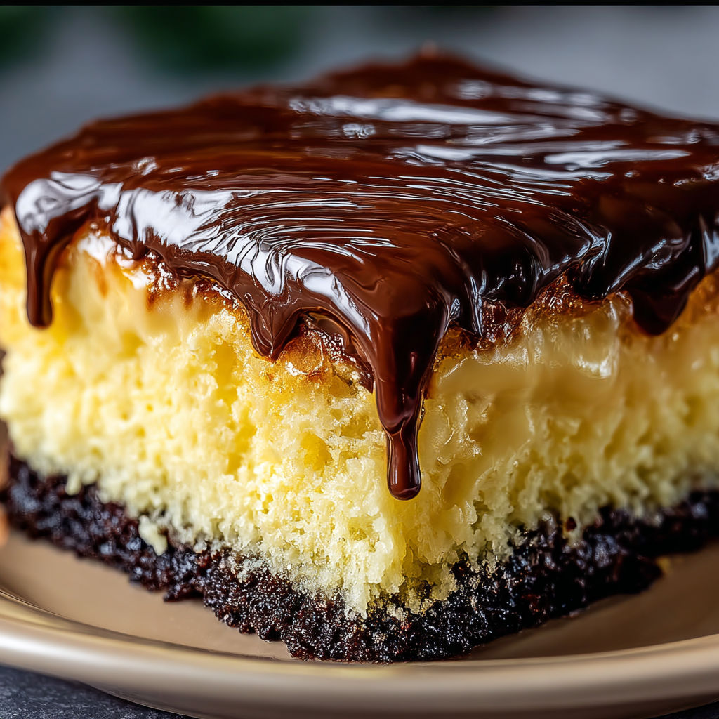 A slice of Boston Cream Poke Cake with chocolate drizzled on top.