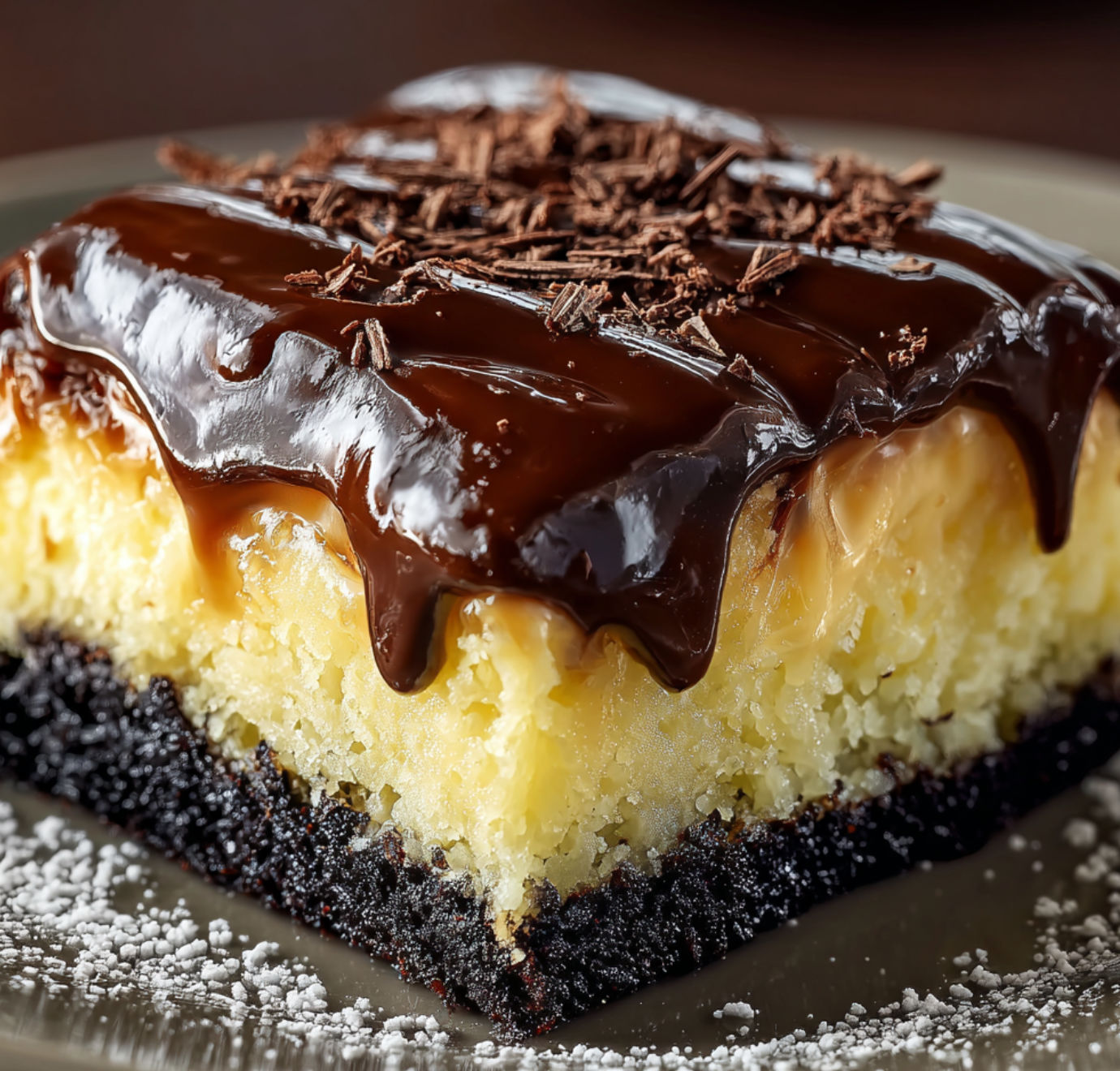 A slice of Boston Cream Poke Cake with chocolate drizzled on top.