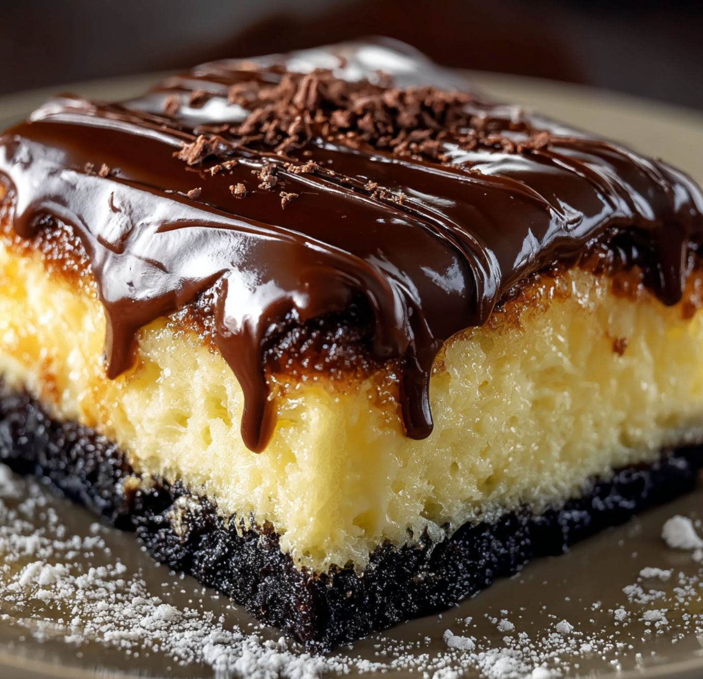 A slice of Boston Cream Poke Cake with chocolate drizzled on top.