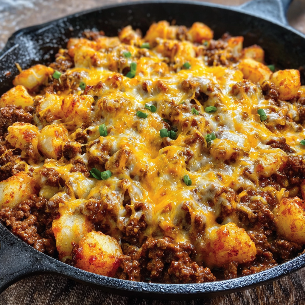 A delicious Sloppy Joe Potato Skillet is cooked and ready to be served.