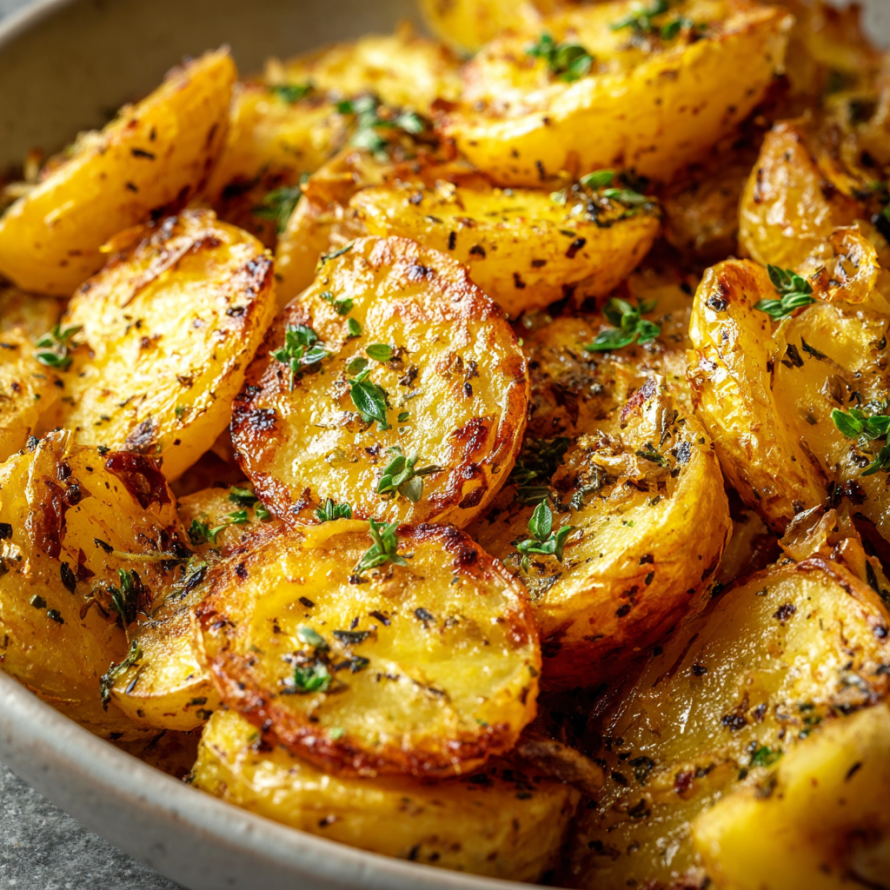 A bowl of Greek Lemon Potatoes with Garlic & Oregano, ready to be served.