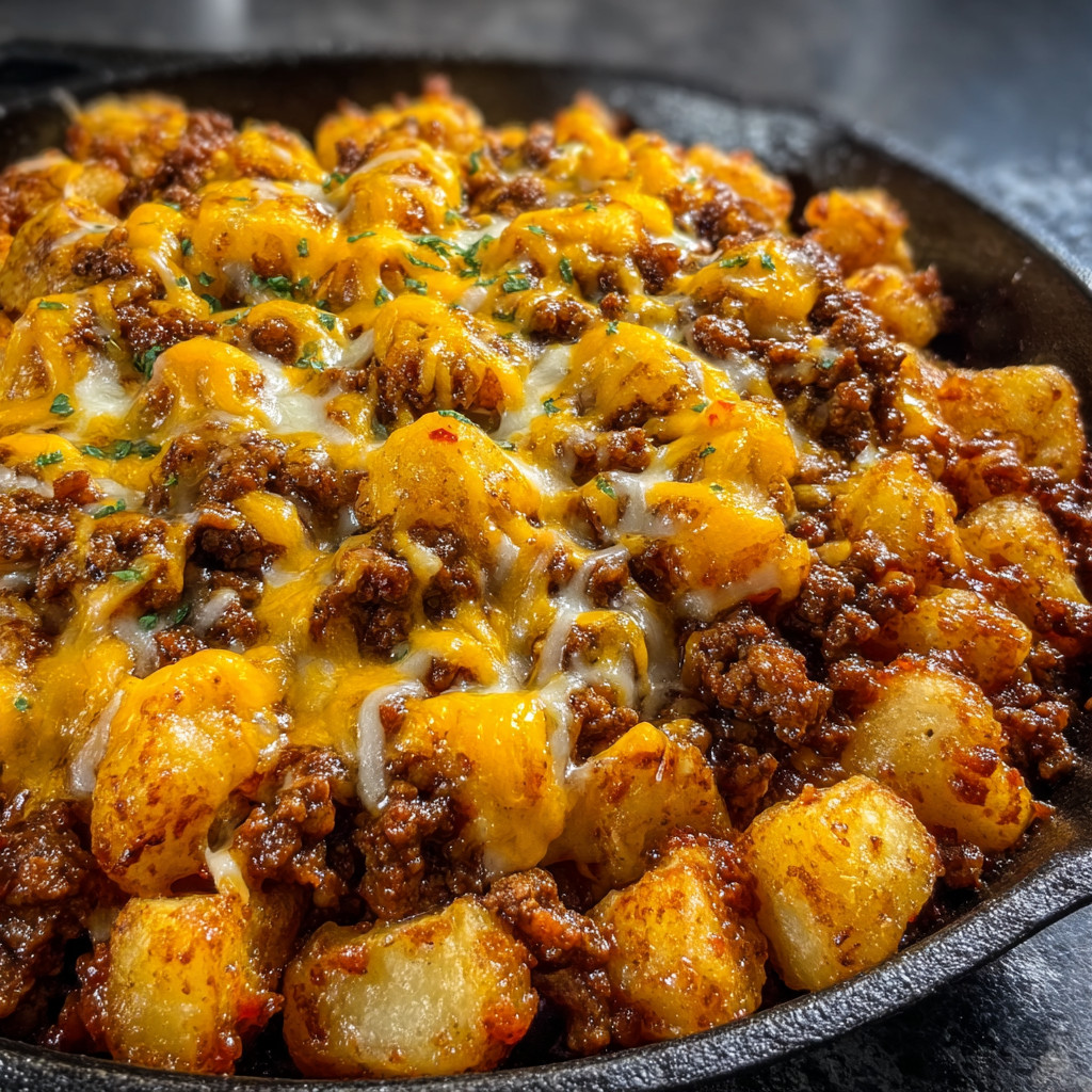 A delicious meal of chili cheese potatoes and meat in a black skillet.