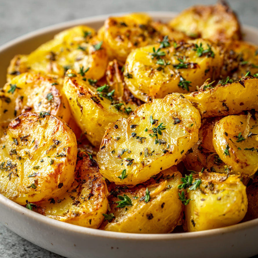 A bowl of Greek Lemon Potatoes with Garlic & Oregano.