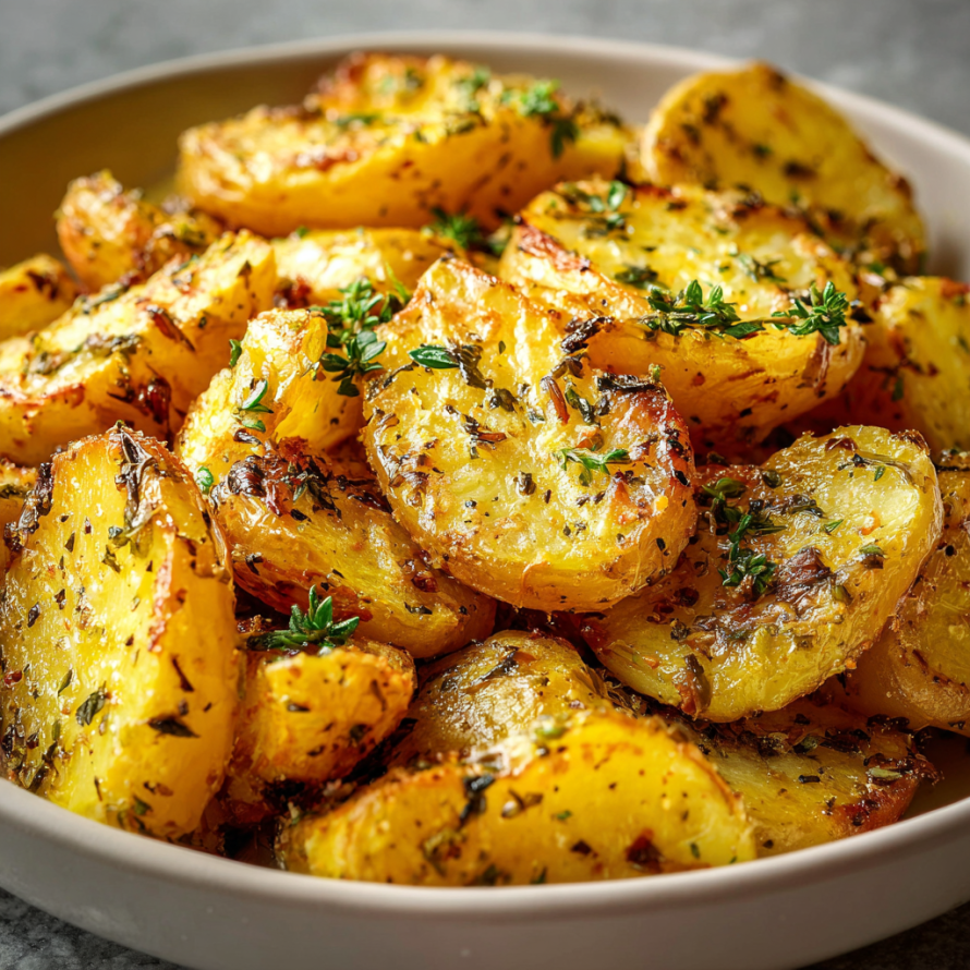 A bowl of potatoes with garlic and oregano, ready to be cooked.