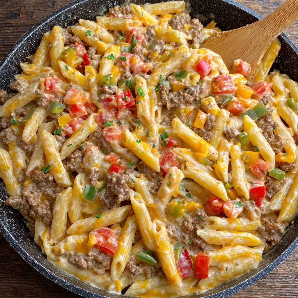 A delicious meal of Cheesy Queso Taco Pasta in a black skillet.