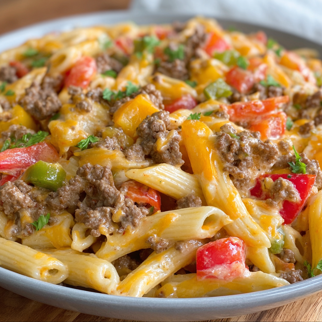 A plate of pasta with meat and vegetables, including tomatoes, peppers, and onions.