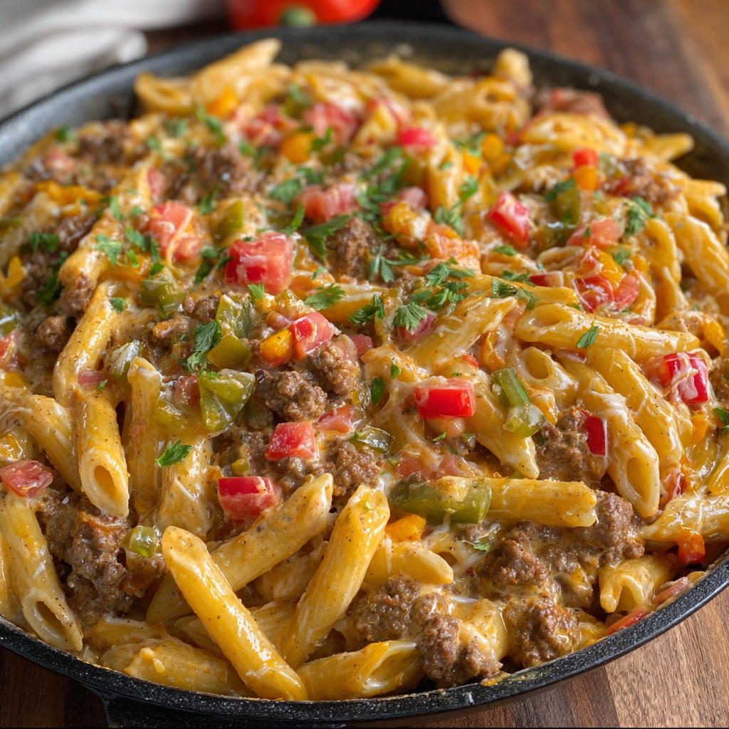 A delicious pasta dish with meat and vegetables, served in a black skillet.