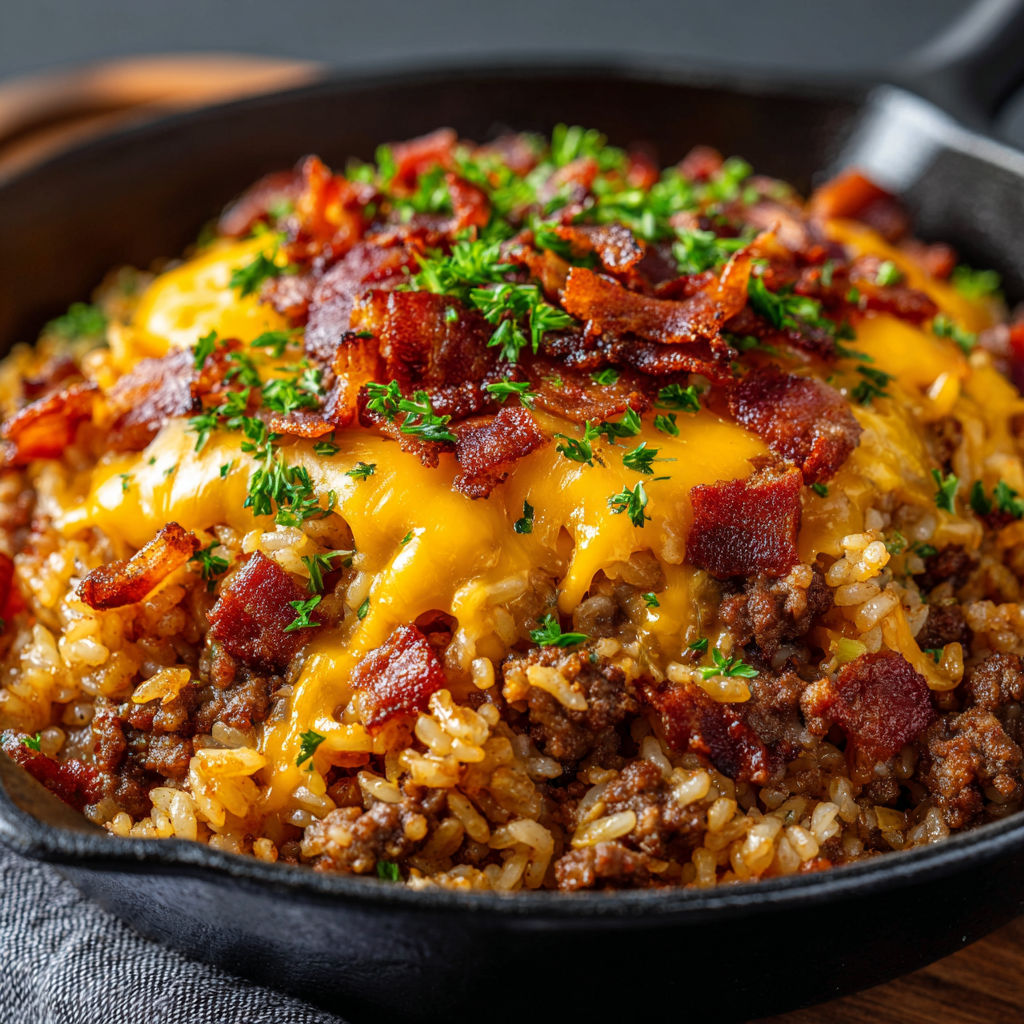 A delicious bacon cheeseburger rice dish is served in a black skillet.