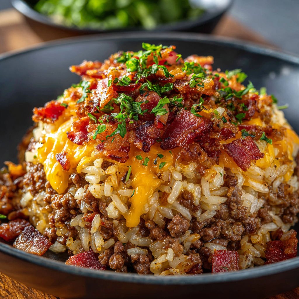 A bowl of rice topped with bacon and cheese.
