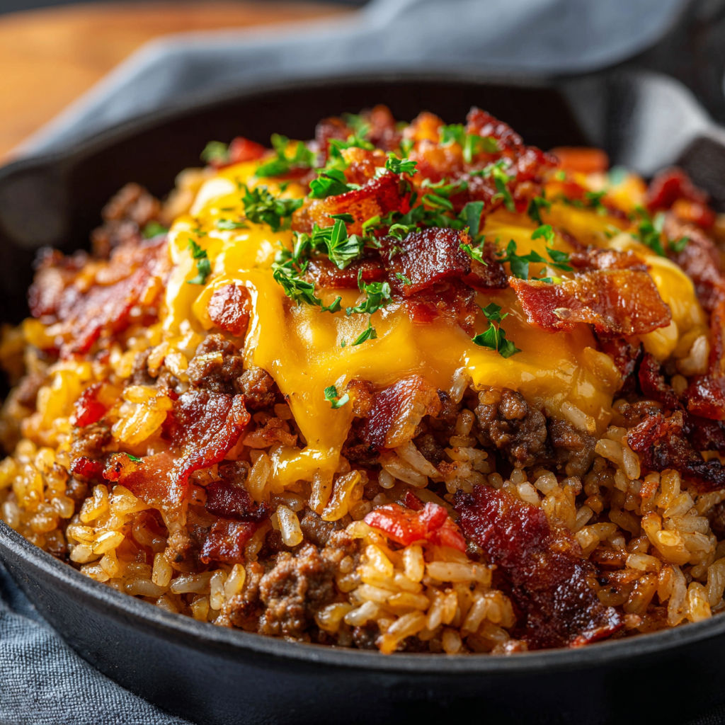 A delicious bacon cheeseburger rice dish served in a black bowl.