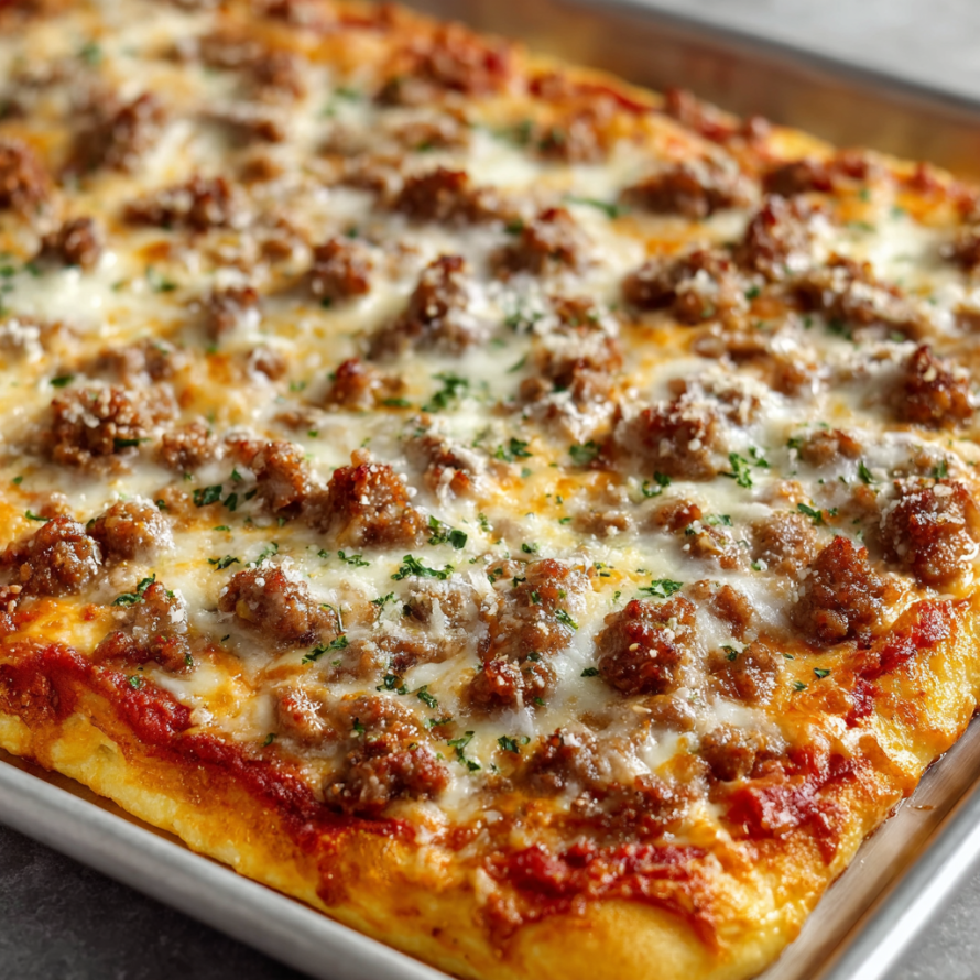 A pan of homemade pizza with meat and cheese toppings.