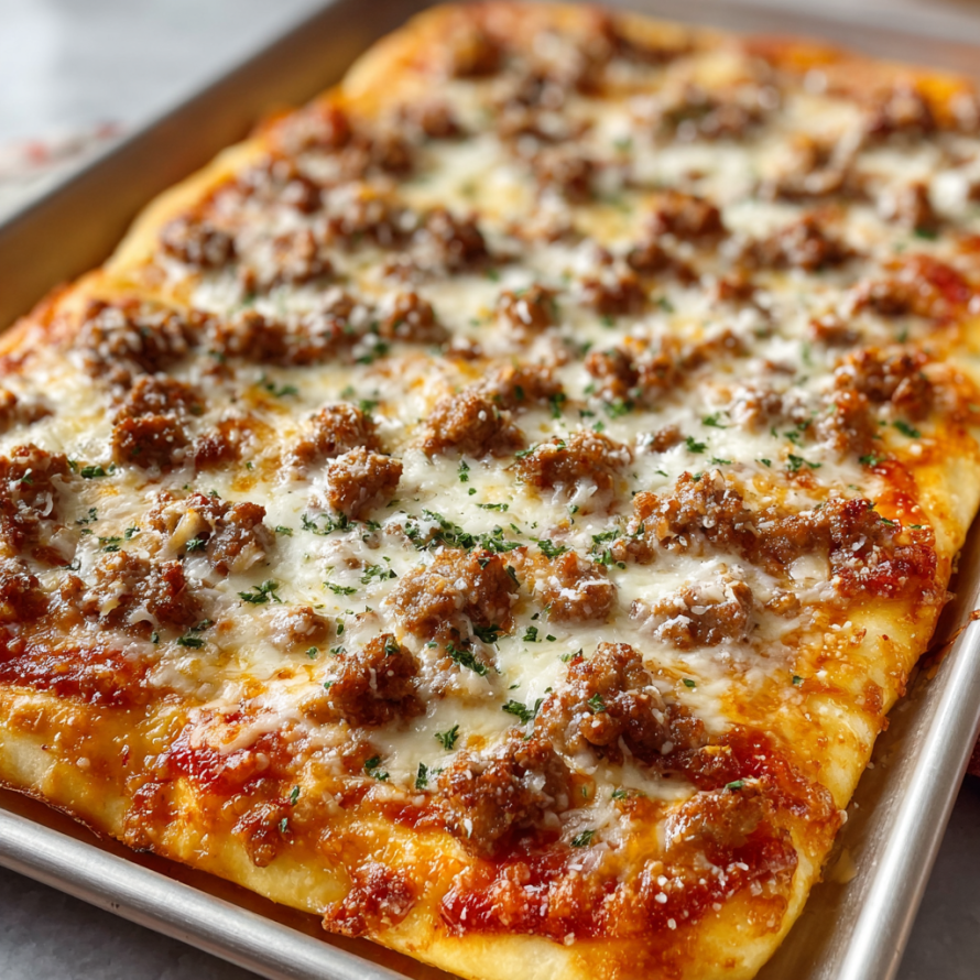 A delicious homemade pizza with meat and cheese toppings.