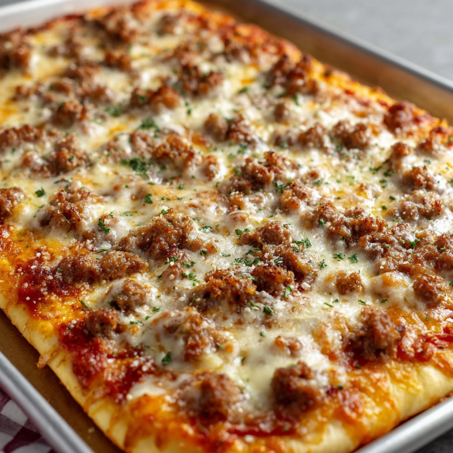 A delicious homemade pizza with meat and cheese toppings.