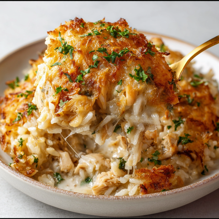 A bowl of food with a golden spoon in it, the dish is described as a "crab cake" with a "crispy crust.