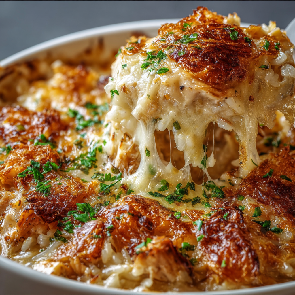 A delicious cheesy casserole with a generous amount of cheese and herbs, served in a white bowl.