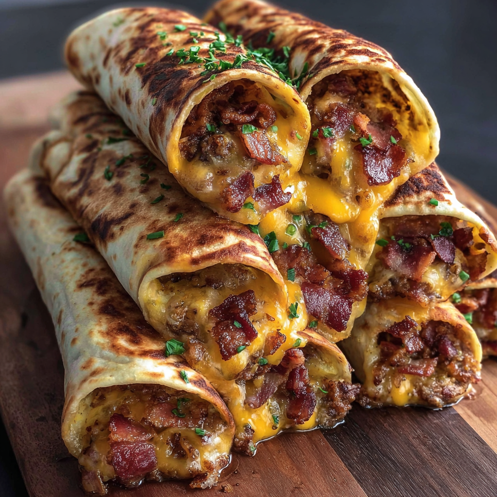 A delicious Garlic Butter Bacon Cheeseburger is stacked on a wooden cutting board, ready to be enjoyed.