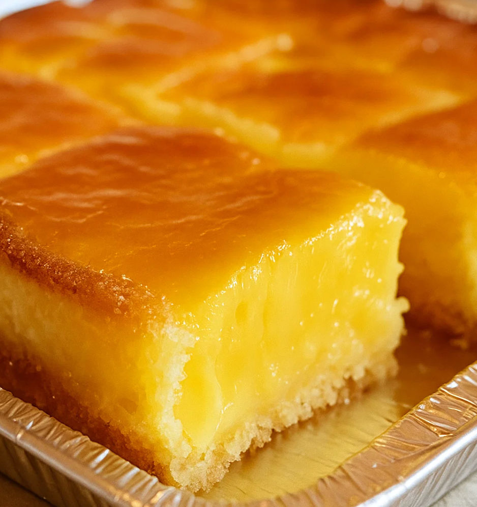 A close up of a slice of lemon cake in a tin foil container.