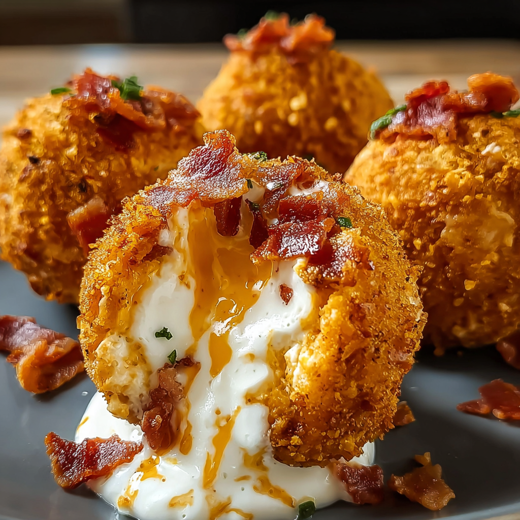 A plate of Buffalo Chicken Bacon Loaded Mozzarella Bombs with a dollop of sour cream on top.