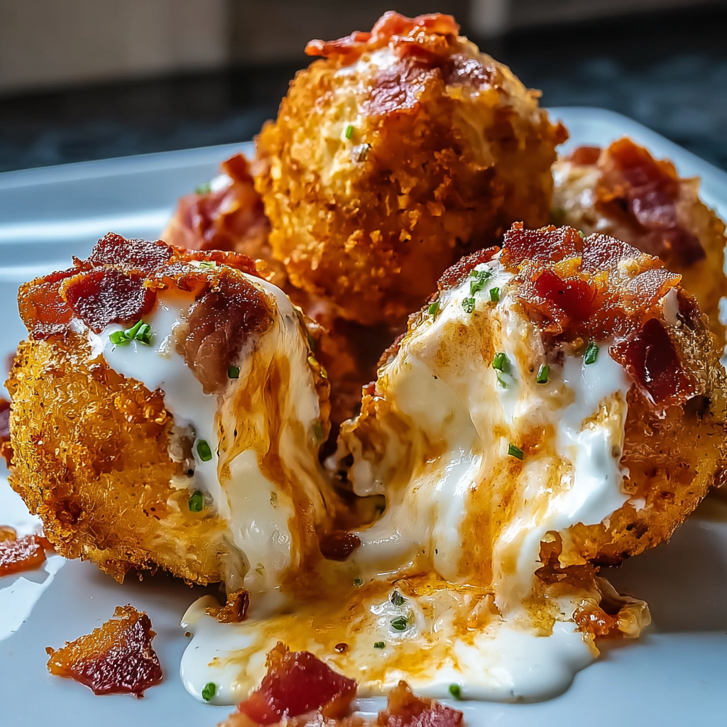 A plate of Buffalo Chicken Bacon Loaded Mozzarella Bombs, drizzled with cheese and bacon, is ready to be enjoyed.