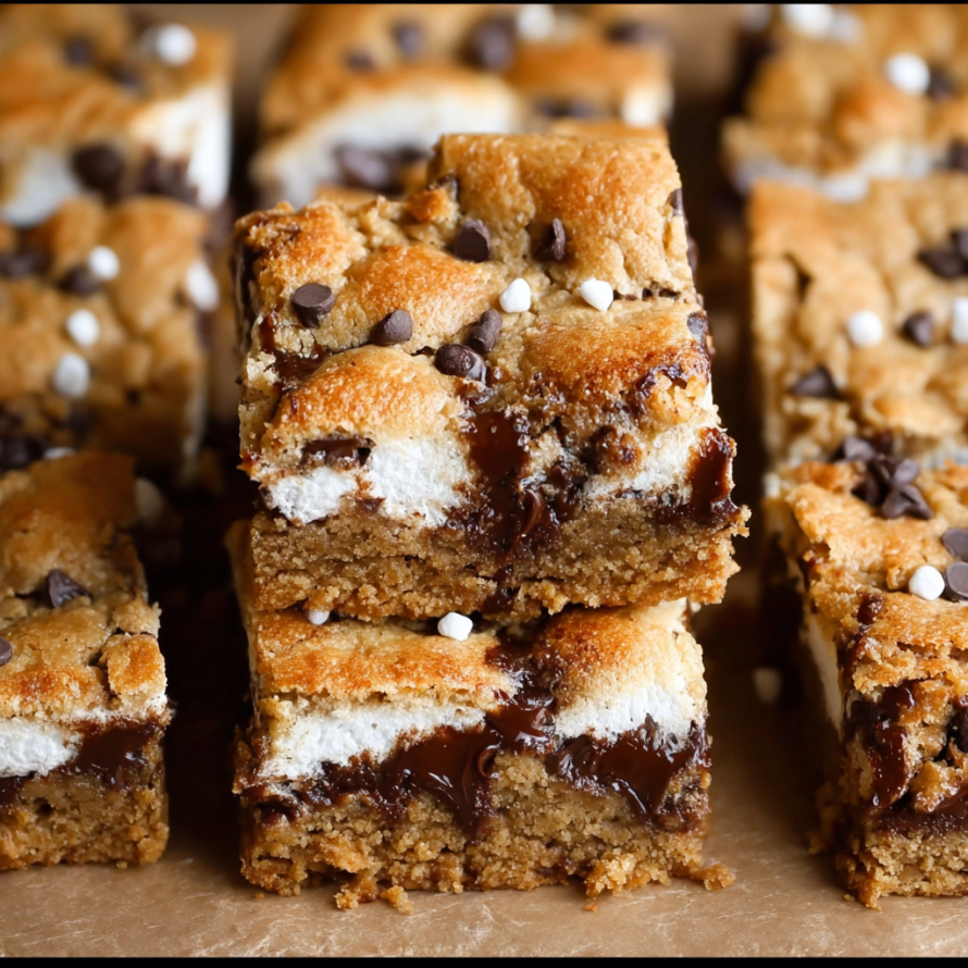 A delicious dessert called S'mores Cookie Bars is displayed on a table.
