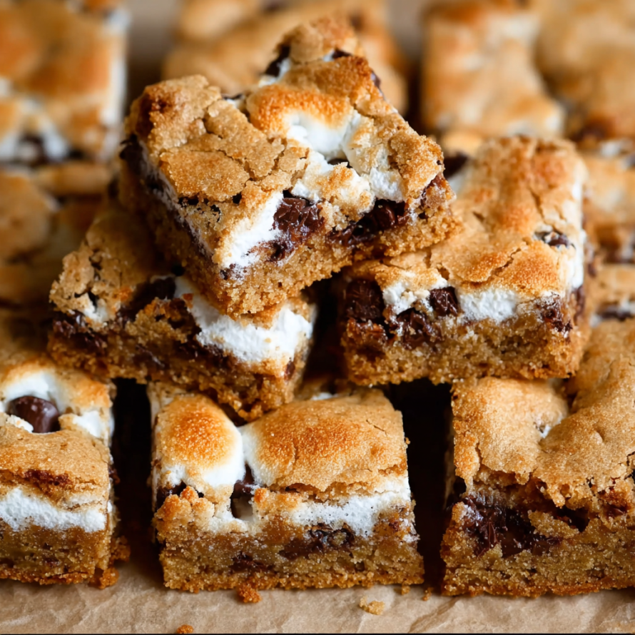 A close up of a delicious dessert, possibly a brownie, with marshmallows and chocolate chips on top.