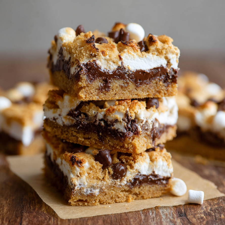 A stack of chocolate chip and marshmallow bars on a table.