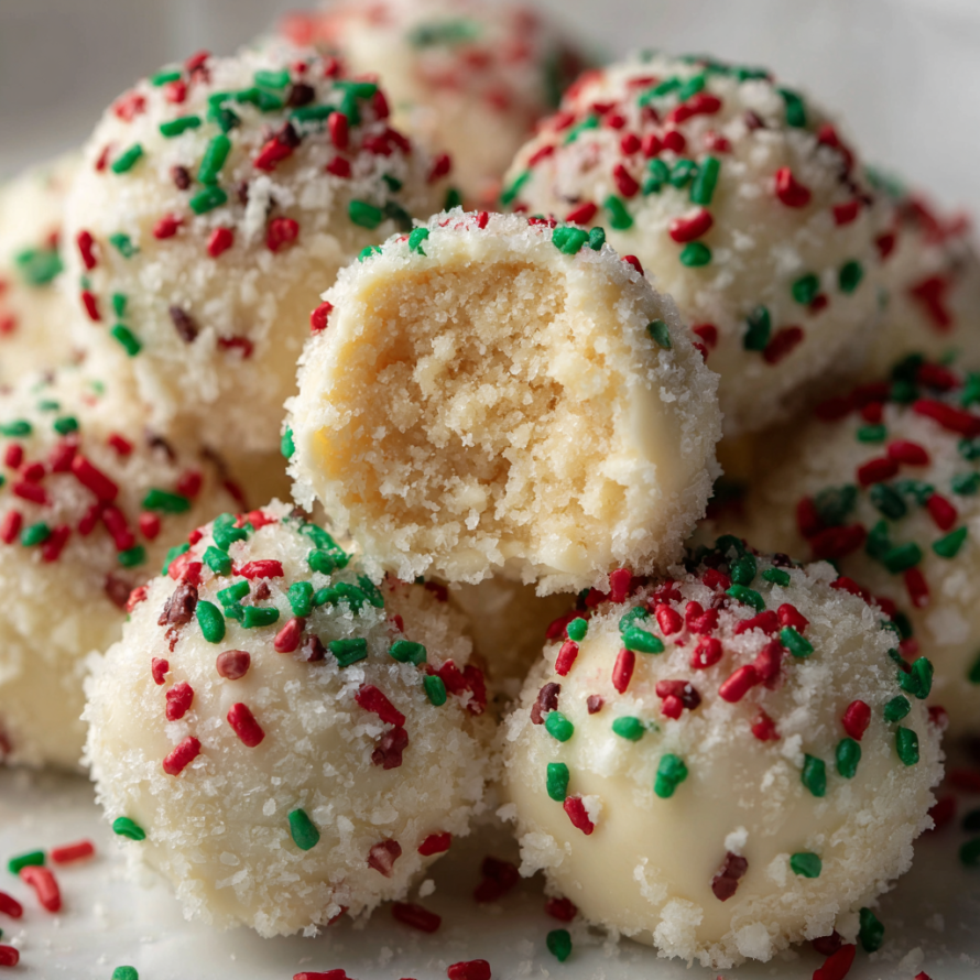 A plate of sugar cookie truffles with red and green sprinkles.