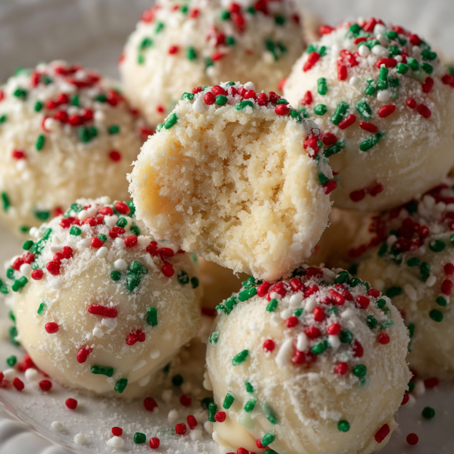 A plate of Christmas cookies with white and red sprinkles.