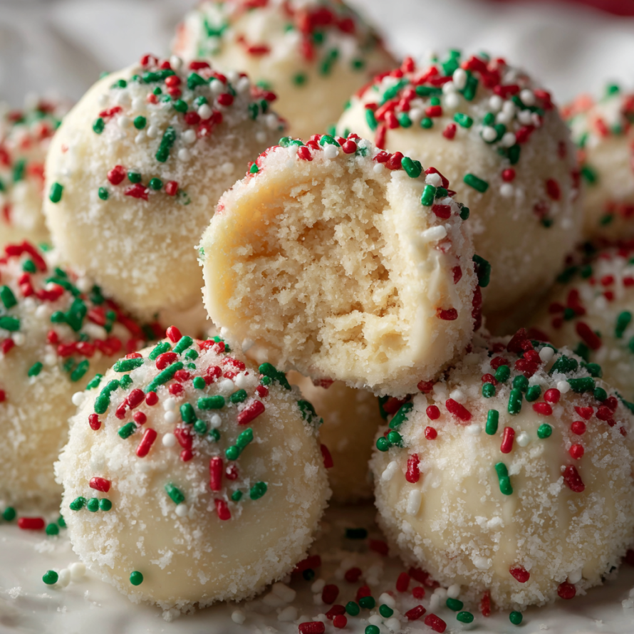 A plate of Christmas cookies with white and red sprinkles.