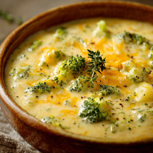 A bowl of Broccoli Potato Cheese Soup is served in a wooden bowl.