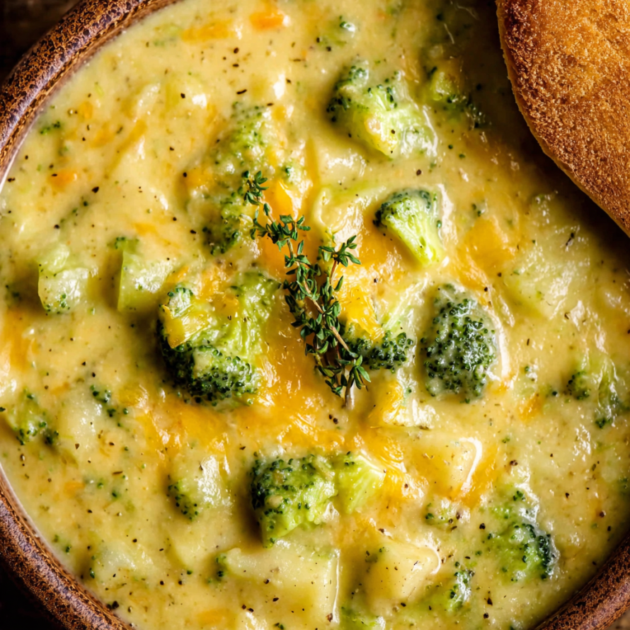 A bowl of soup with broccoli and cheese, accompanied by a slice of bread.