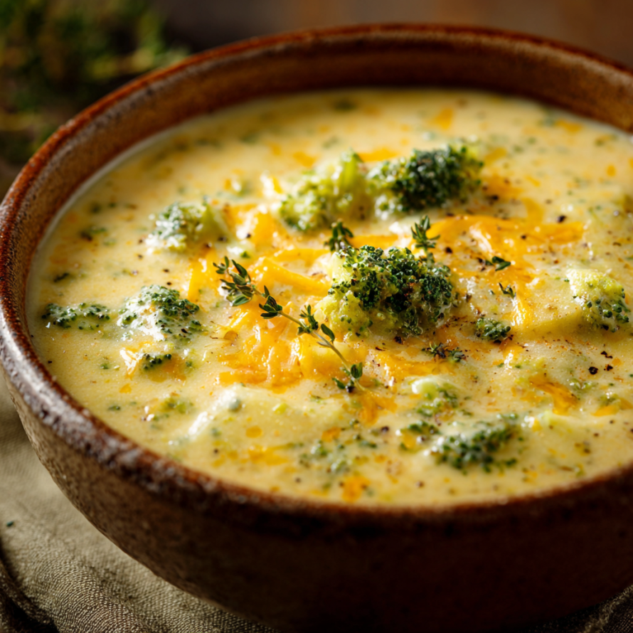 A bowl of soup with broccoli and cheese, possibly a creamy chicken soup.