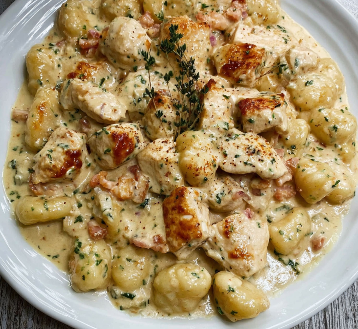 A plate of Creamy Chicken & Gnocchi, with a close-up of the delicious dish.