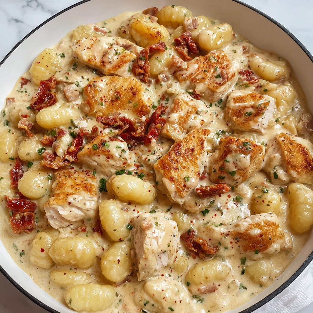 A bowl of chicken and potatoes with a spoon in it.