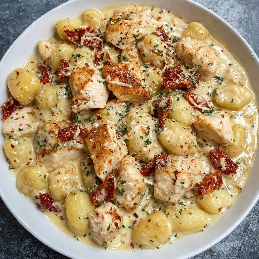 A plate of chicken and potatoes with a creamy sauce.