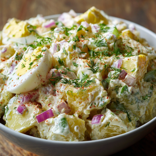 A white bowl filled with a creamy potato salad, topped with a hard-boiled egg.