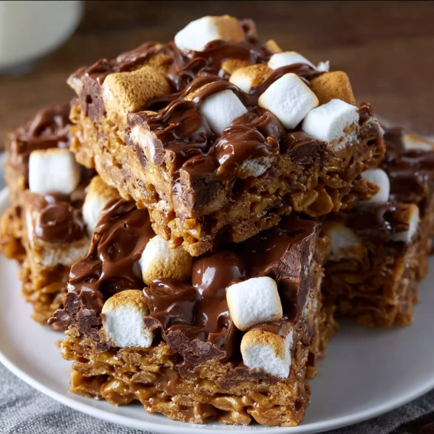 A plate of Golden Grahams S'Mores Bars with marshmallows and chocolate on top.
