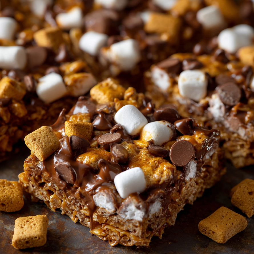 A close up of a delicious Golden Grahams S'Mores Bar.