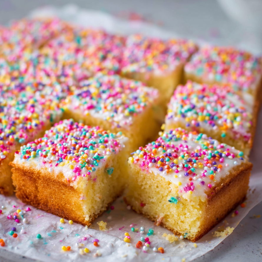 A close-up of a delicious Classic Sprinkle Sponge Cake, cut into square pieces and ready to be enjoyed.
