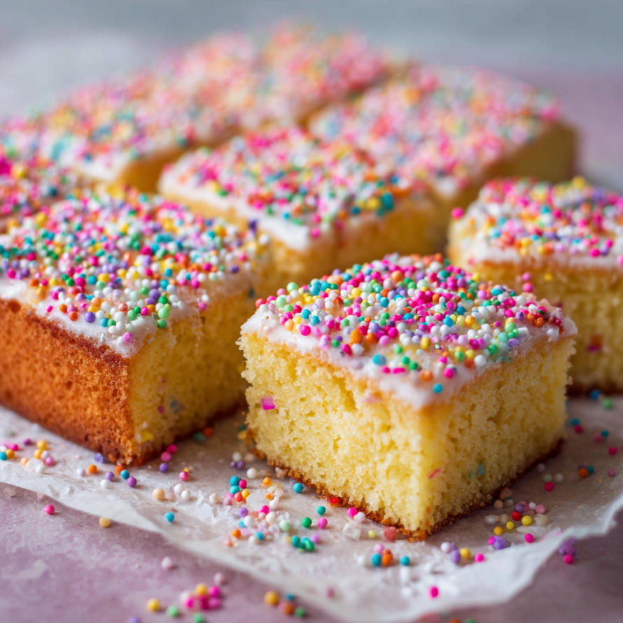 A close-up of a cake with sprinkles on a plate.