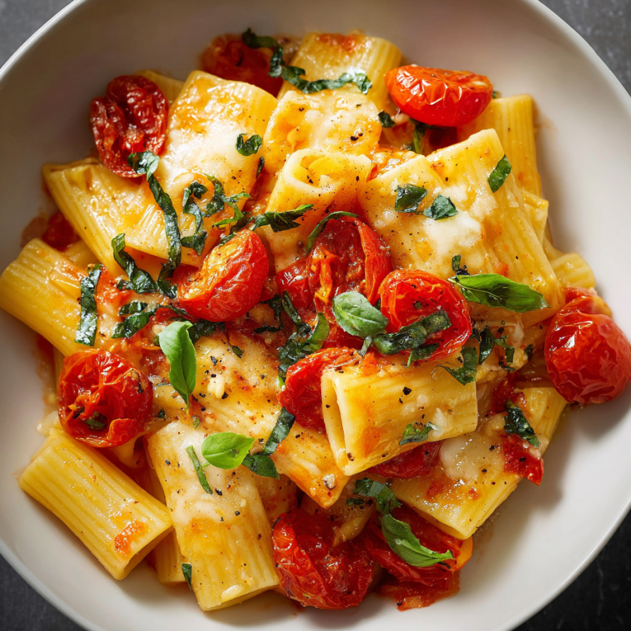 A bowl of pasta with tomatoes and cheese, served with a side of basil leaves.