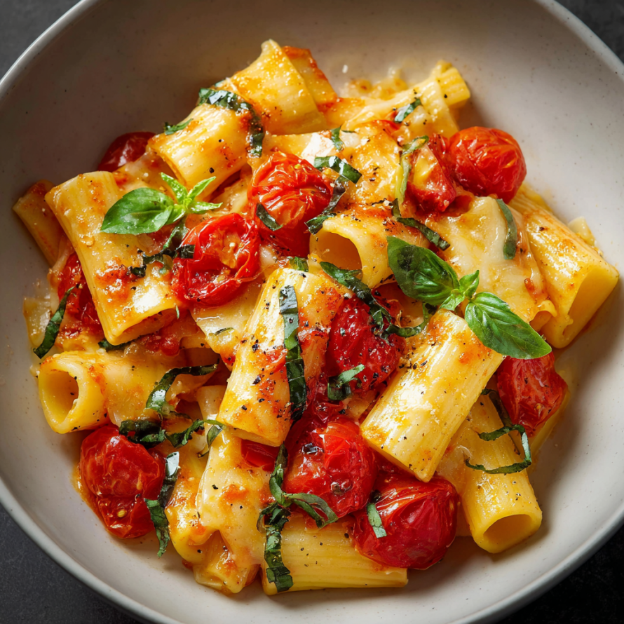 A bowl of pasta with tomatoes and basil, possibly a dish called "Penne alla Tomato.
