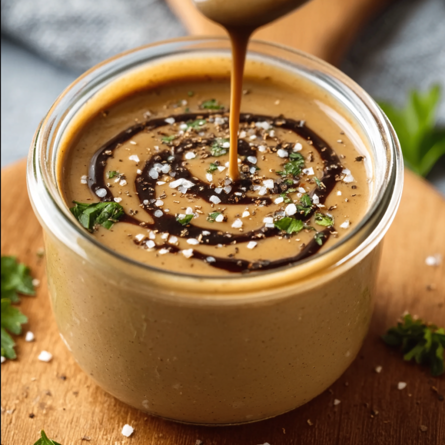A jar of creamy balsamic dressing is being poured into a bowl.