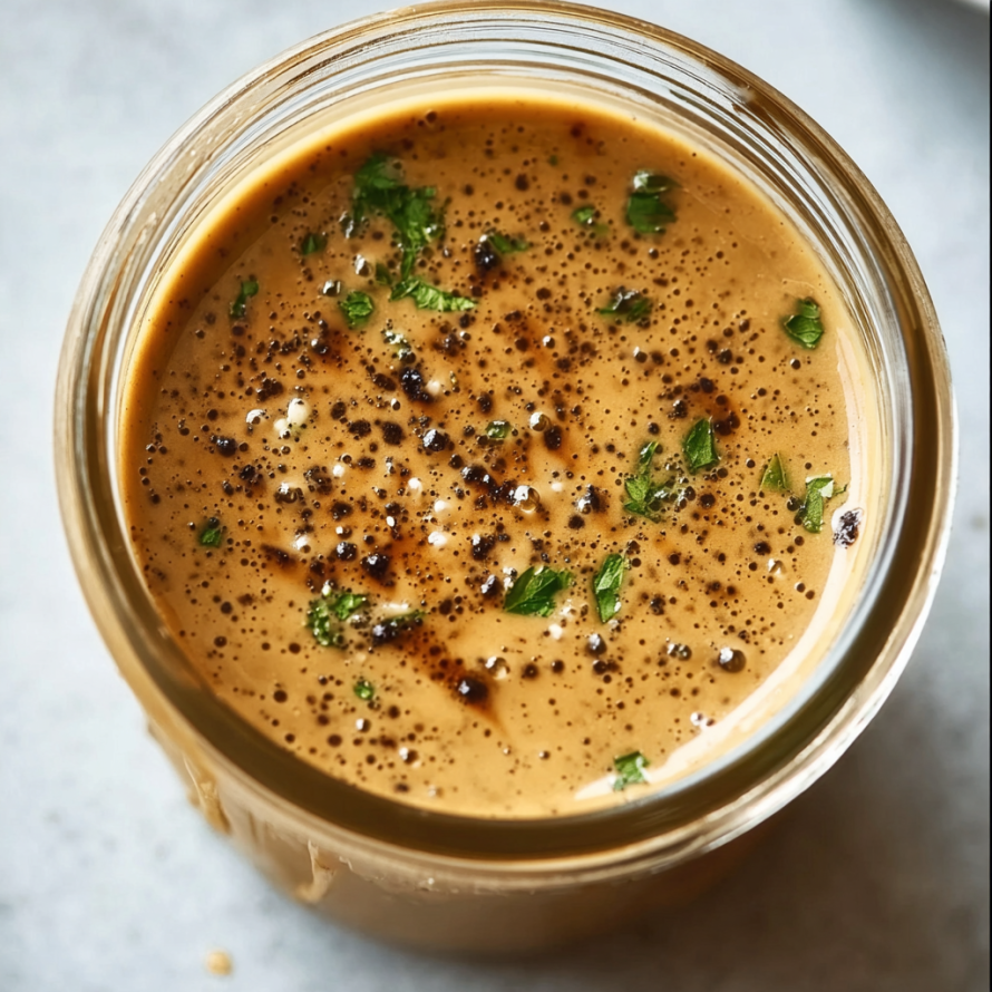 A jar of peanut butter with black specks in it.