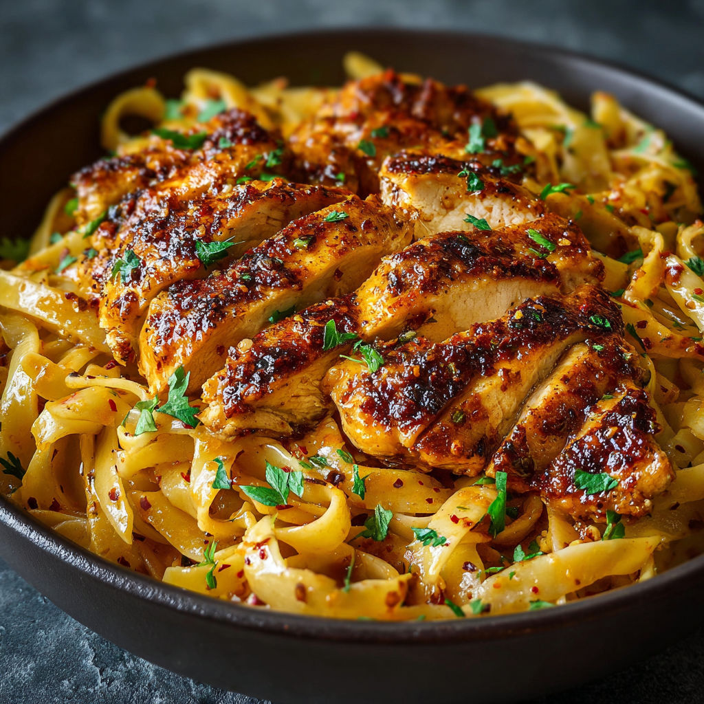 A bowl of chicken noodle dish with a generous amount of sauce.