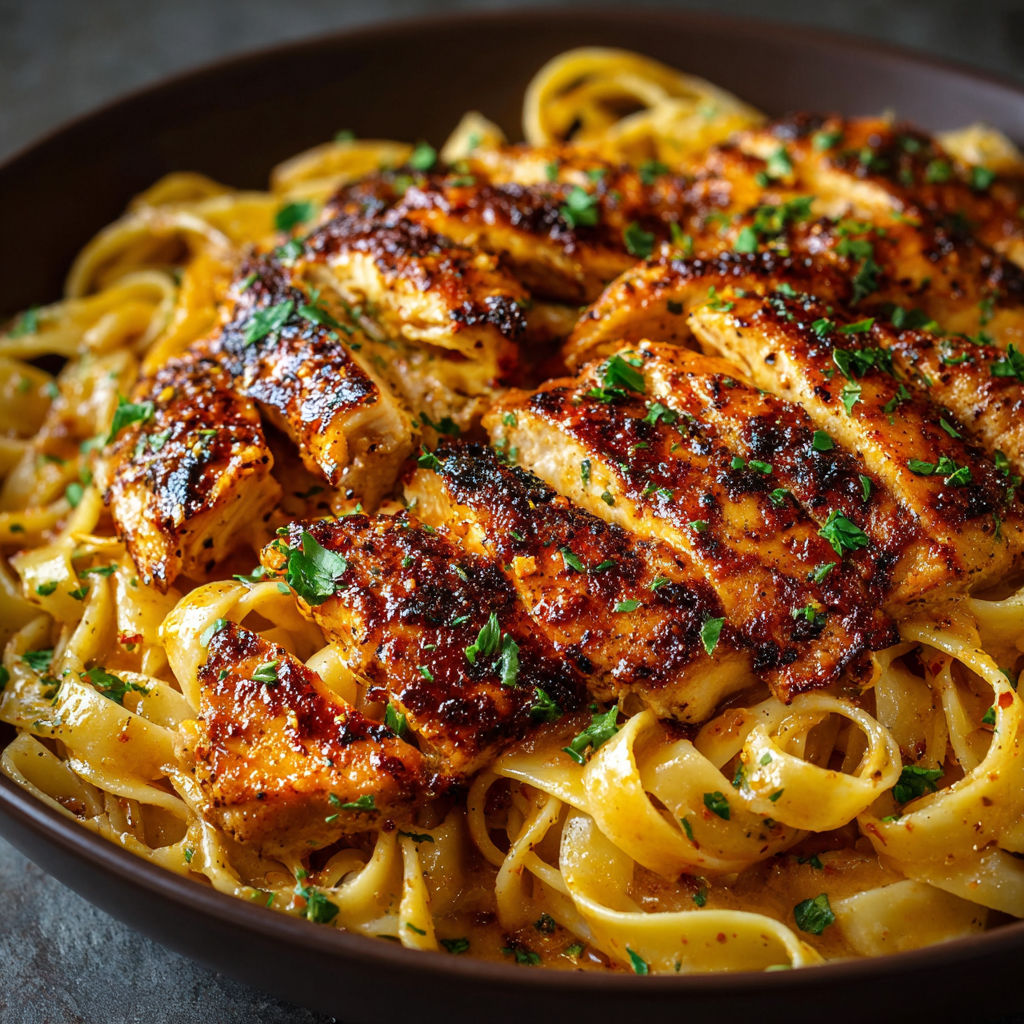 A bowl of pasta with chicken and herbs.