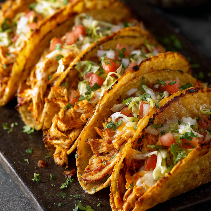 A plate of Mini Baked Chicken Tacos is displayed on a table.